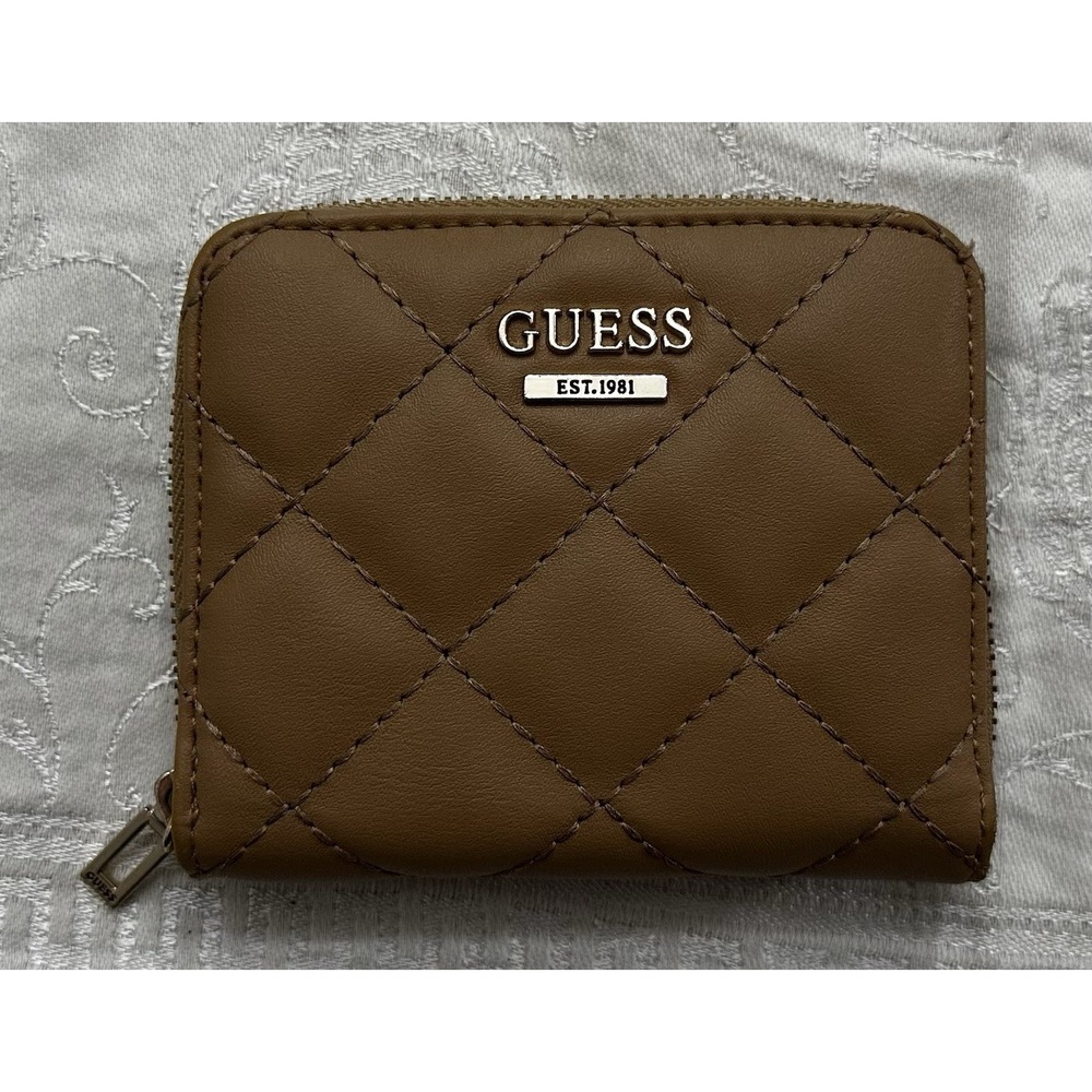 Guess Camel/Tan Bi-Fold Women's Wallet Silver Metallic Interior Coin Purse Small